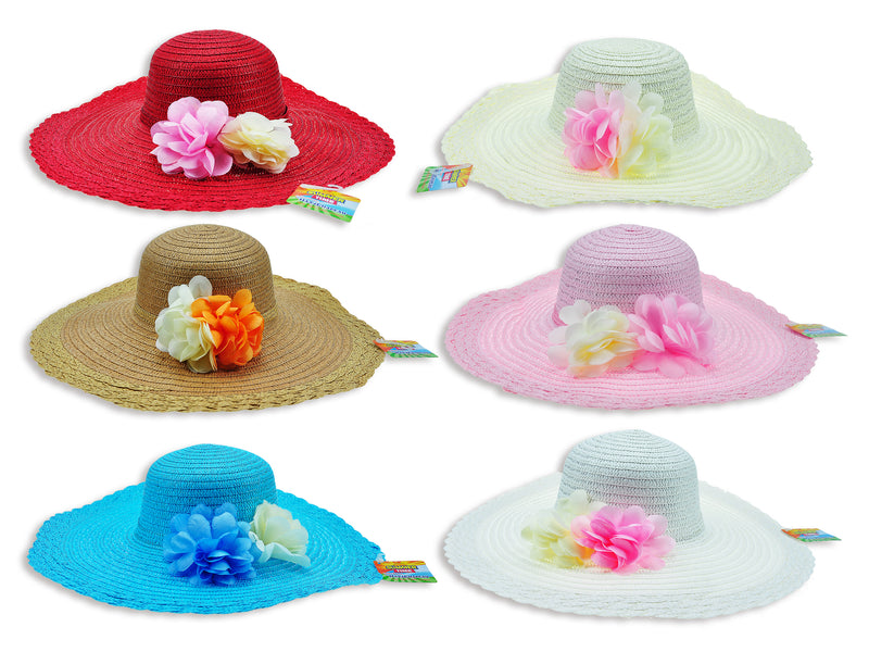 18In Ladies Woven Wide Brim Floppy Hat W-Lace Band And Flowers. 4.5In (H). 6 Asst. J-Hook W-Cht.