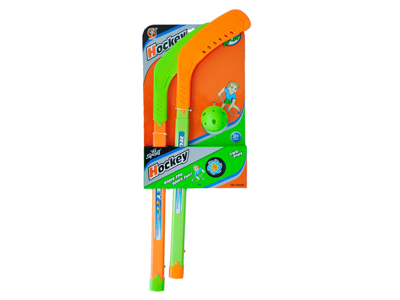 Set-4 36In Ajustable Shaft Neon Hocky Game Set. Incl.: 2-Sticks- 1-Ball- 1-Puck.Display Box.