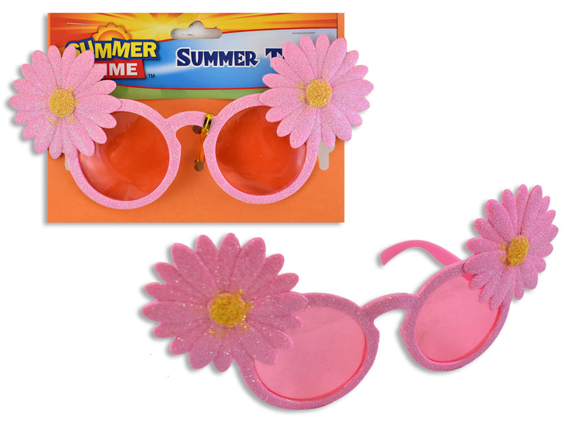 8-3/8in Spring Glitter Flower Tinted Sunglasses. 2 Asst.Colours: Pink / Yellow. T.o.c.