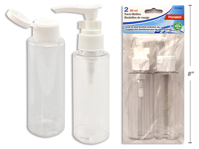 2 PC TRAVEL BOTTLES ( PUMP + FLIP TOP ) 60 ML CAP. PBH- BPA FREE