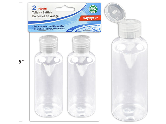 2pk 100ml Toiletry Flip Top Bottle. Clear Color Only. PVC Bag w/Header