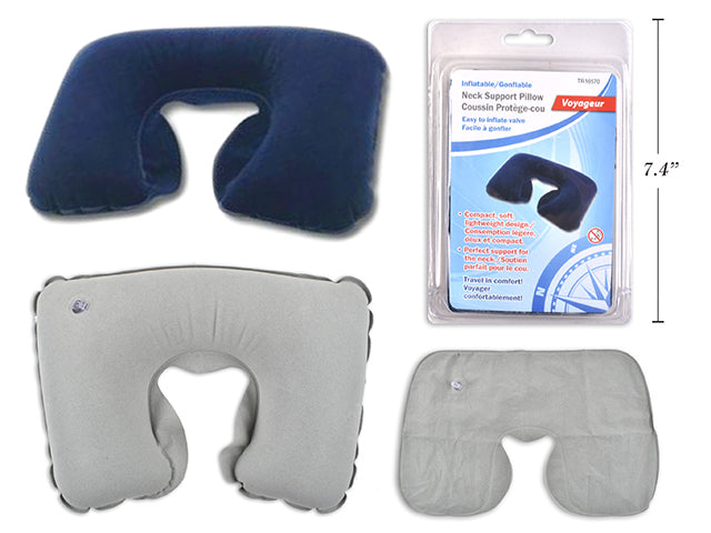 Inflatable Travel Neck Support Pillow. 2 Asst.Cols: Blue / Grey. Clam