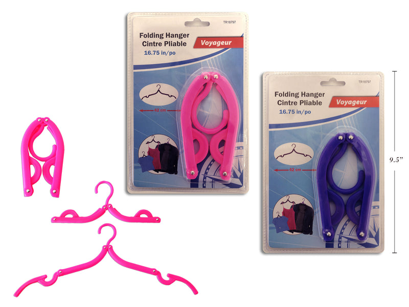 16.75In Folding Travel Hanger. 2 Asst.Colours: Purple - Fuchsia. Clam Shell.