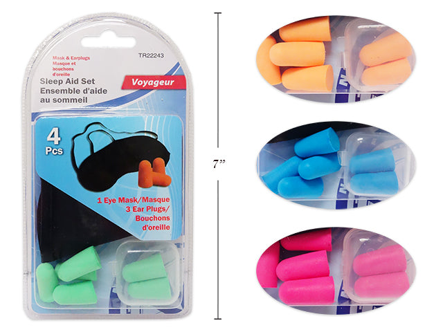 SET/4 EYE MASK AND EAR PLUGS SLEEP AID SET. 4 COLS. INCL:1 MASK + 3 SE