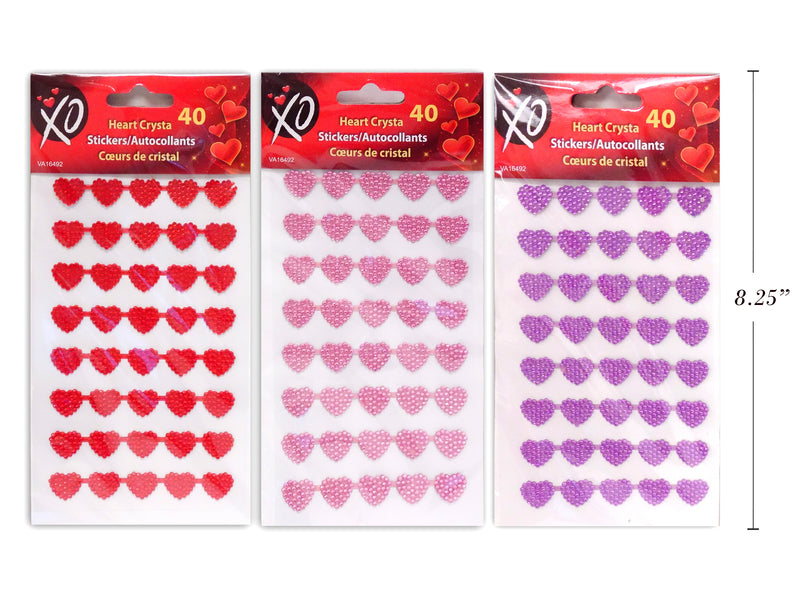 40Ct Valentines Crystal Heart Stickers. 3 Asst.Colours. H-C