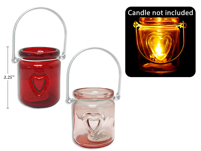 3.25in(H) Valentines Embossed Heart Candle Holder Lantern w/Metal Handle. 3 Asst. Col.