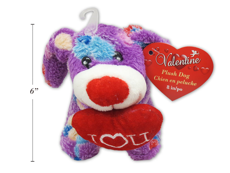 8In Colourful Spotted.Vtine Plush Dog W-Emb. Heart. Purple Colour Only. J-Hook W-Hangtag