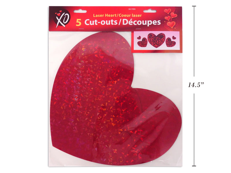 5Pk Vtine Holographic Laser Heart Cut-Outs. 1Pc 12.5In-2Pcs 7.25In-2Pcs 2.5In. Pbh