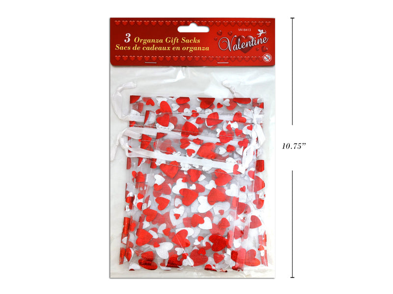 3Pk Organza Drawstring Gift Sack W-Foil Heart Print. 3 Asst.Sizes-Pack. H-C.