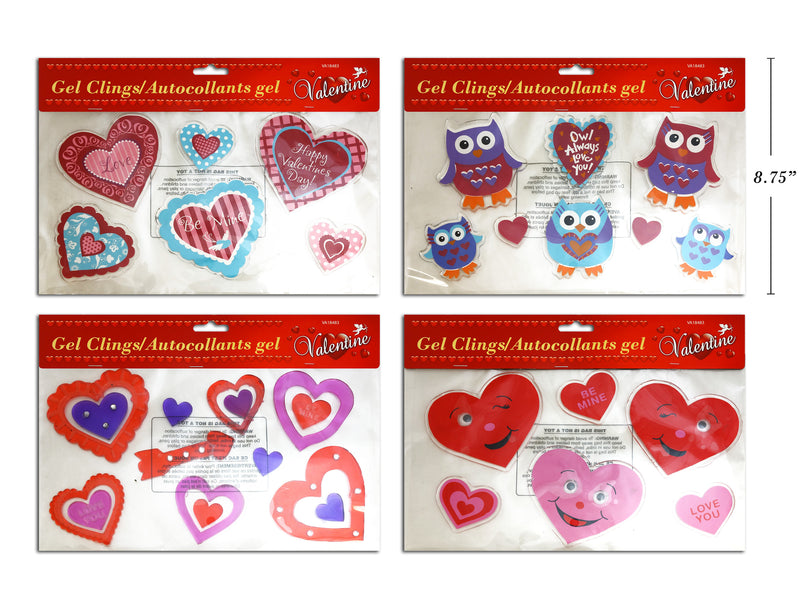 Valentines Printed-Embellished Gel Clings. 2 Asst.Styles. Pbh. English Only.