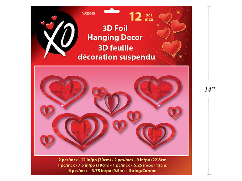 Valentines 3D Foil Heart Hanging Decoration. Heart Size: 12In-9In-7.5In-5.25In-3.75In. H-C.