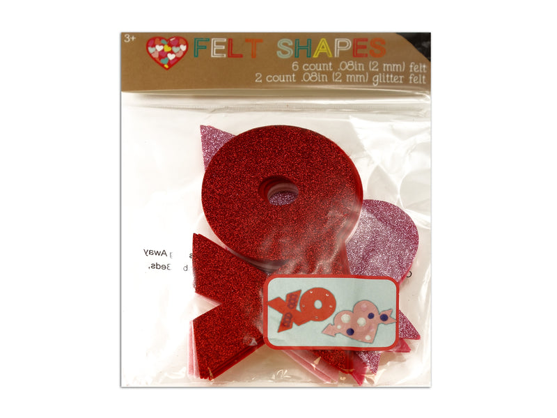 8Pk Glitter - Non-Glitter Felt Shapes. 2 Cols: Red-Pink Per Pack