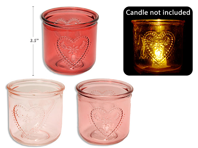 3-3/8in Embossed Heart Candle Holder. 3-3/8in(H) x 3-3/8in(D). 3 Asst.