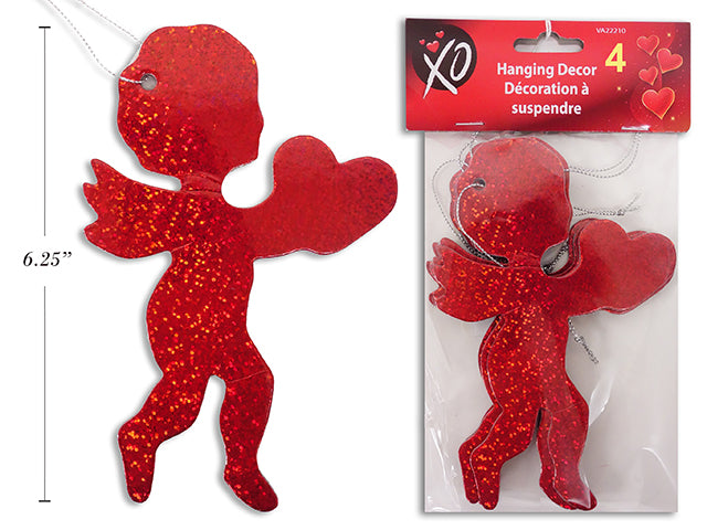 4pk 6.25in Holographic Hanging Cupid w/Heart Ornaments. 6.25in (H) x 4-1/8in (W). pbh.