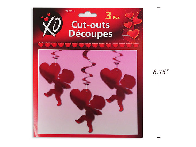 3pk Vtine Die-Cut Cupid Hanging Foil Swirl Decoration. Fold-Over h/c.