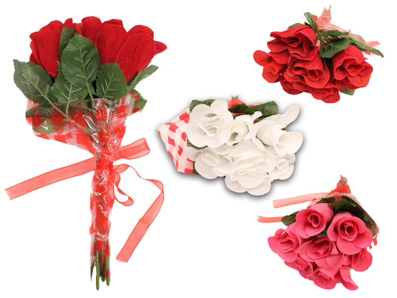 11.5In Cello Film Wrapped 7-Head Rose Bouquet W- Satin Ribbon. 3 Asst.Cols. Hangtag.