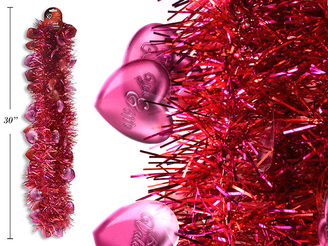 9ft x 3.6ply Vtine Die-Cut Printed Heart Tinsel Garland. 3in Tips. h/c.