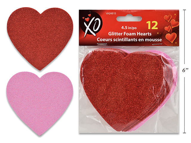 12pk 4in Vtine Glitter EVA Foam Hearts. 2 Asst: Pink/ Red. Pbh.