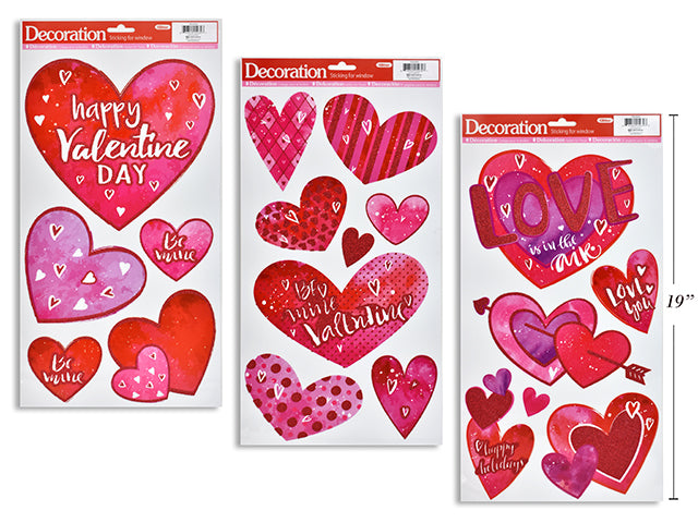 Valentine Glitter Window Cling. Sheet Size: 17in (L) x 9-3/8in (W). 3 Assorted.