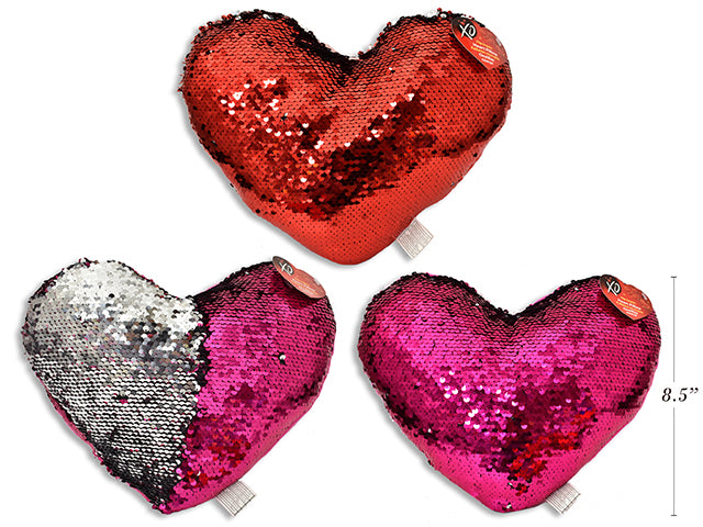 11.25in (W) x 8.5in (H) Vtine Flip Sequin Heart Pillow. 2 Asst. J-Hook w/ Cht.