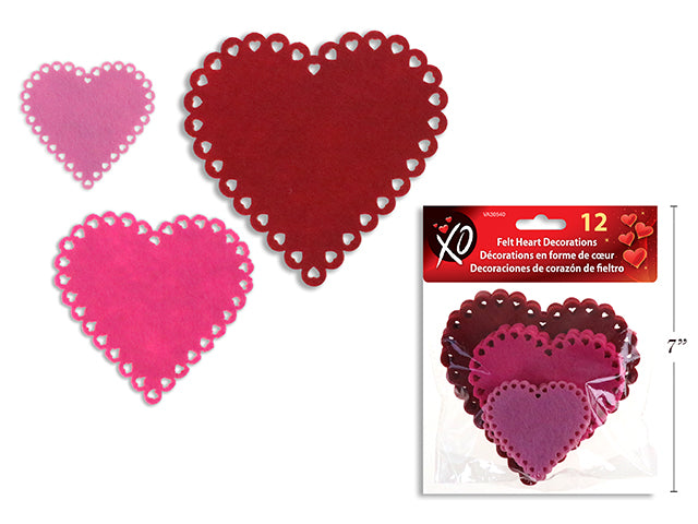 12pk Vtine Die-cut Felt Heart Decoration. 3 Asst.Sizes+3 Cols/Pack. Pbh.