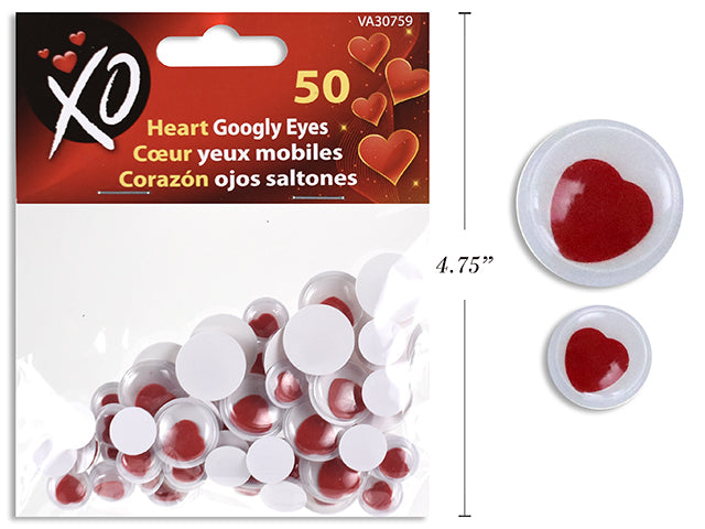 50pk Vtine Heart Goggly Eyes. Incl: 35pcs 10mm + 15pcs 15mm. Pbh.