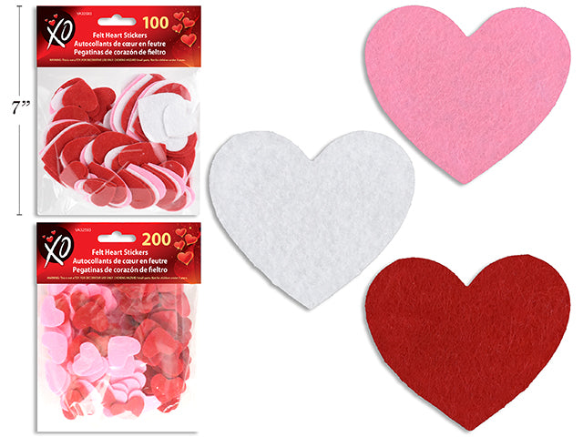 V'tine Felt Heart Stickers Assortment. 2 Asst.: 100ct 3 Mixed Size / 200ct 1in. Pbh.