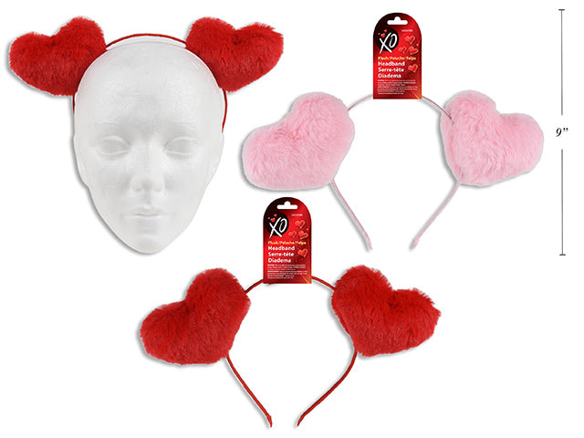 7.75in V'tine Plush Heart Headband. 2 Cols: Red / Pink. Wrap Header.