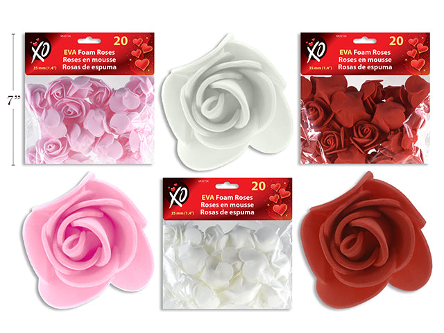 20pk 35mm V'tine EVA Foam Roses. 3 Cols: Red / Pink / White. pbh.