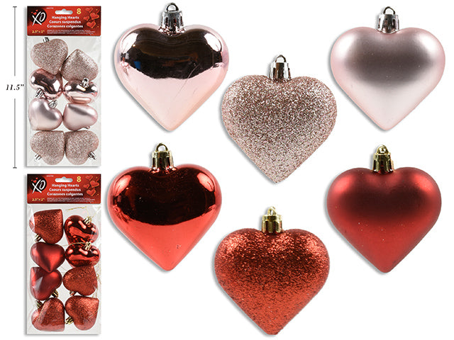 8pk 2.5in x 2in Vtine Hanging Hearts. 3 Styles/ Pack: Glitter/ Shiny/ Matte. 2 Cols. Pbh.