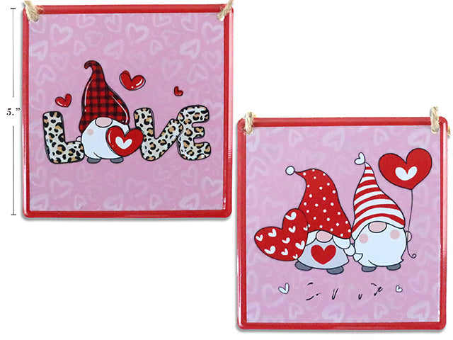 Valentines Gnome Hanging Square Metal Plaque With Jute Hanger