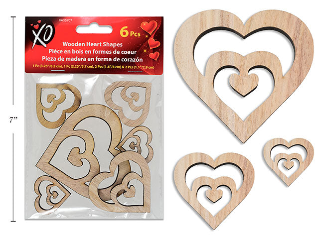 6pk V'tine Die-Cut Heart Wooden Shapes. 4 Sizes/Pack. Pbh.