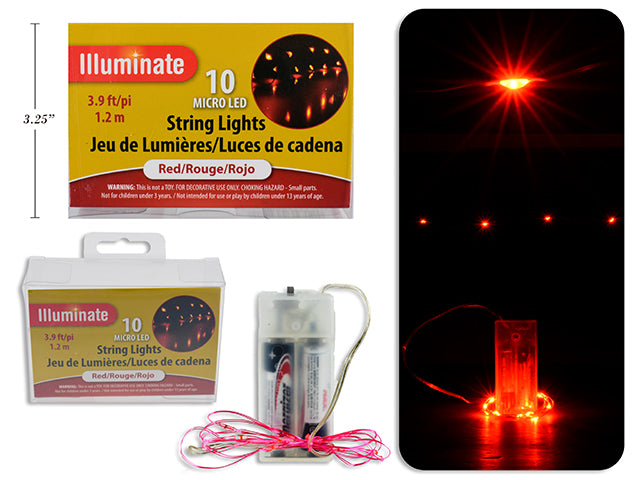 3.9ft (1.2m) V'tine B/O 10-Red Micro LED Stringlights. PVC Box w/Insert.