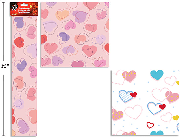 8pk 20in x 20in Printed Hearts Tissue Paper. 2 Asst.Styles. Colour Label.