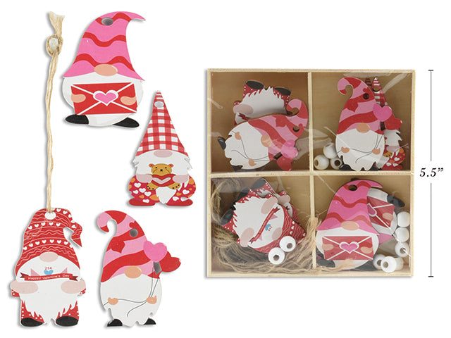 12pk 2.5in V'tine Gnome Die-Cut Wooden Decor in Wooden Box. 4 Designs/Pack. Shrink Wrap.