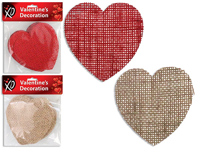 12pk 2.95in x 2.75in Burlap Hearts. 2 Asst.Cols: Natural / Red. Pbh.