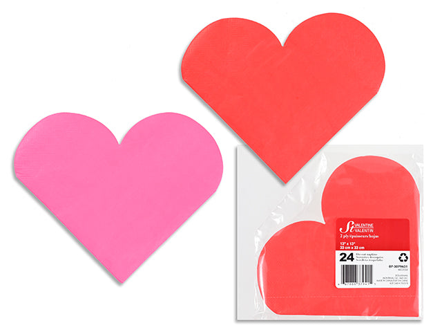 24ct V'tine Die-Cut Heart Napkin. 2 Asst.Colours: Red / Pink. 12/Dsp.