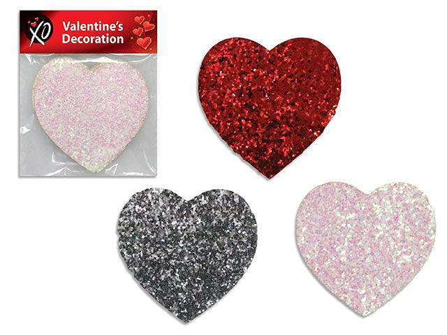 10pk 3.25in Full Glitter Heart Sticker. 3 Cols: Red / Silver / Iridescent. Pbh.