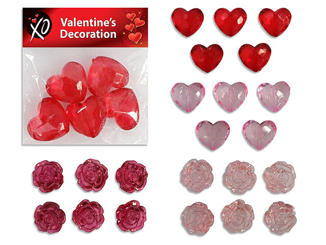 Acrylic Rose / Diamond Heart Table Scatter. 2 Asst: 6ct Rose / 5ct Heart x 2 Cols. Pbh.