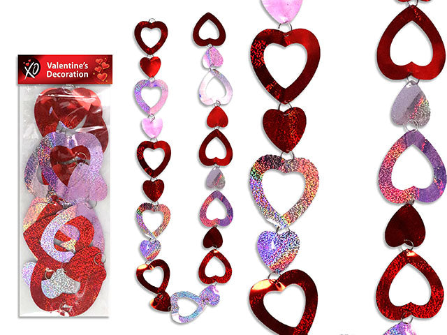 6ft Holographic Heart Garland. Heart Size: 4-1/8in x 3-5/8in. Pbh.