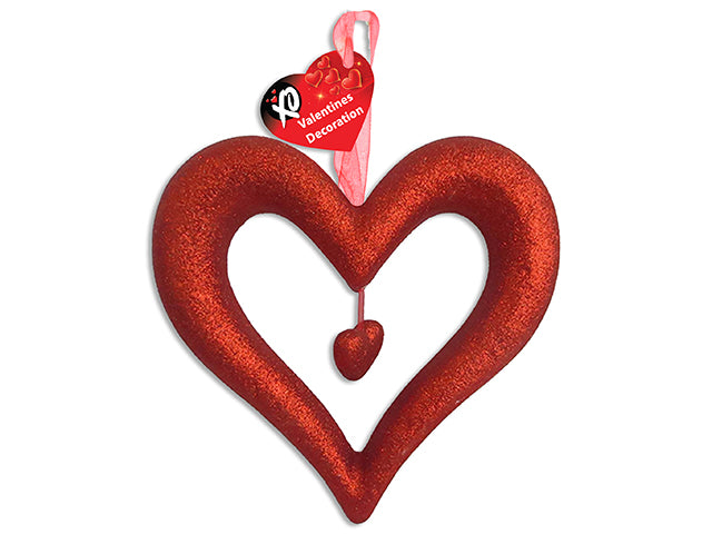 9-7/8in x 9-3/8in Glitter Hanging Foam Heart w/ Dangling. Organza Ribbon Hanger. Cht.