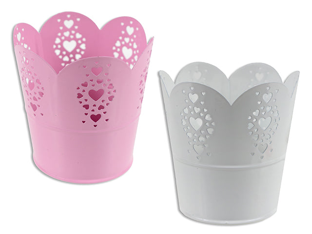 3-7/8in(H) x 3-7/8in(D) Metal Die-Cut Lace Heart Planter. 2 Cols: White / Pink.