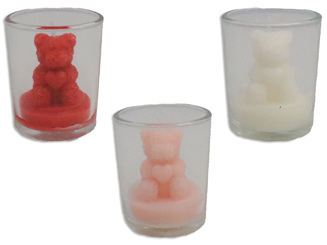 2-1/8in(TD) x 2-5/8in(H) 3-D Bear Wax Candle in Clear Glass Votive Candle Holder. 3 Cols. 12/Dsp.