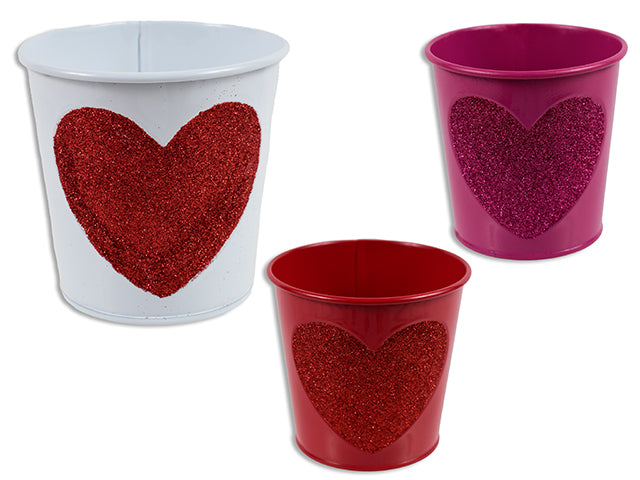 4in(TD) x 3-7/8in(H) Glitter Heart Metal Pail / Planter. 3 Asst.Colours.