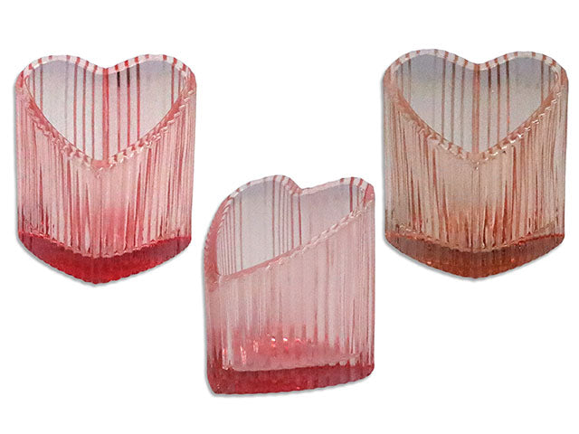 3.15in(H) Heart Shaped Ribbed Glass Candle Holder. 2 Asst.Colours.