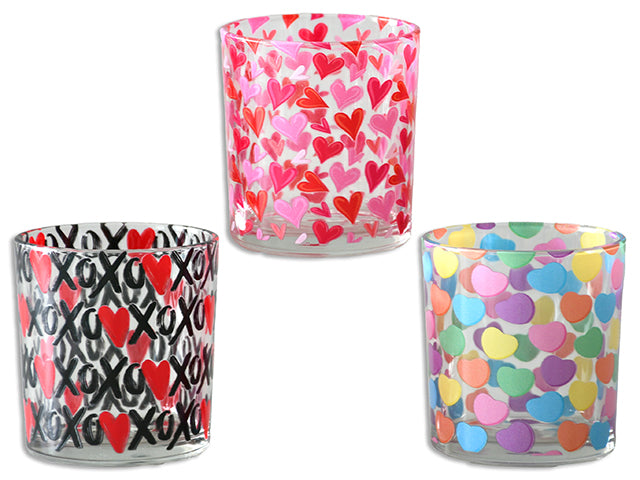 3.15in(H) V'tine Printed Glass Votive Candle Holder. 2.8in(D). 3 Asst.Styles.