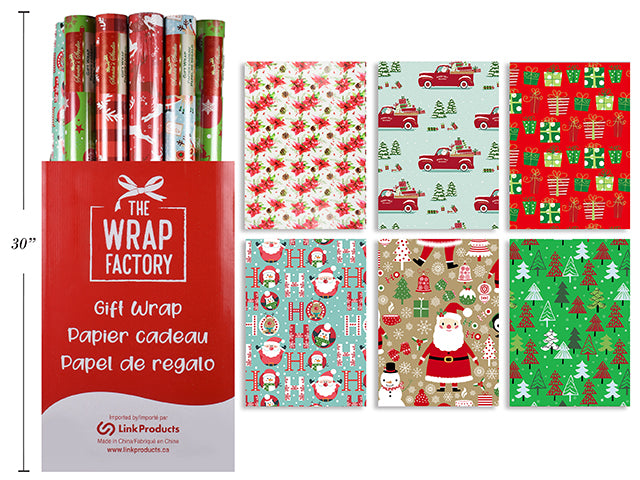 30in x 240in Xmas Single Roll Wrap/Dsp 6 Asst.Styles, 36/Dsp.