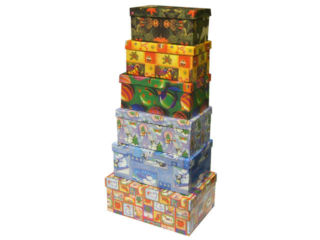 Set/6 Xmas Gift Boxes - Rectangular 6 Asst.Styles, 6 Sizes, Sleeve Holder