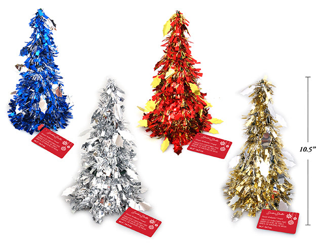 10-1/2in Tinsel Table-Top Xmas Tree 4 Asst.Colors. Hangtag