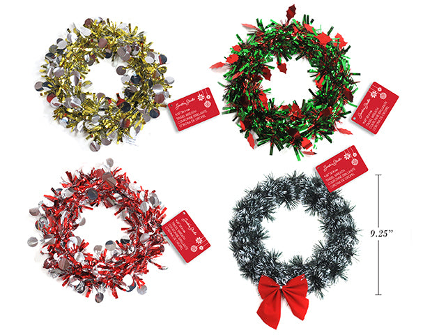 9.25in Dia. Xmas Tinsel Wreath 4 Asst.Styles, Hangtag